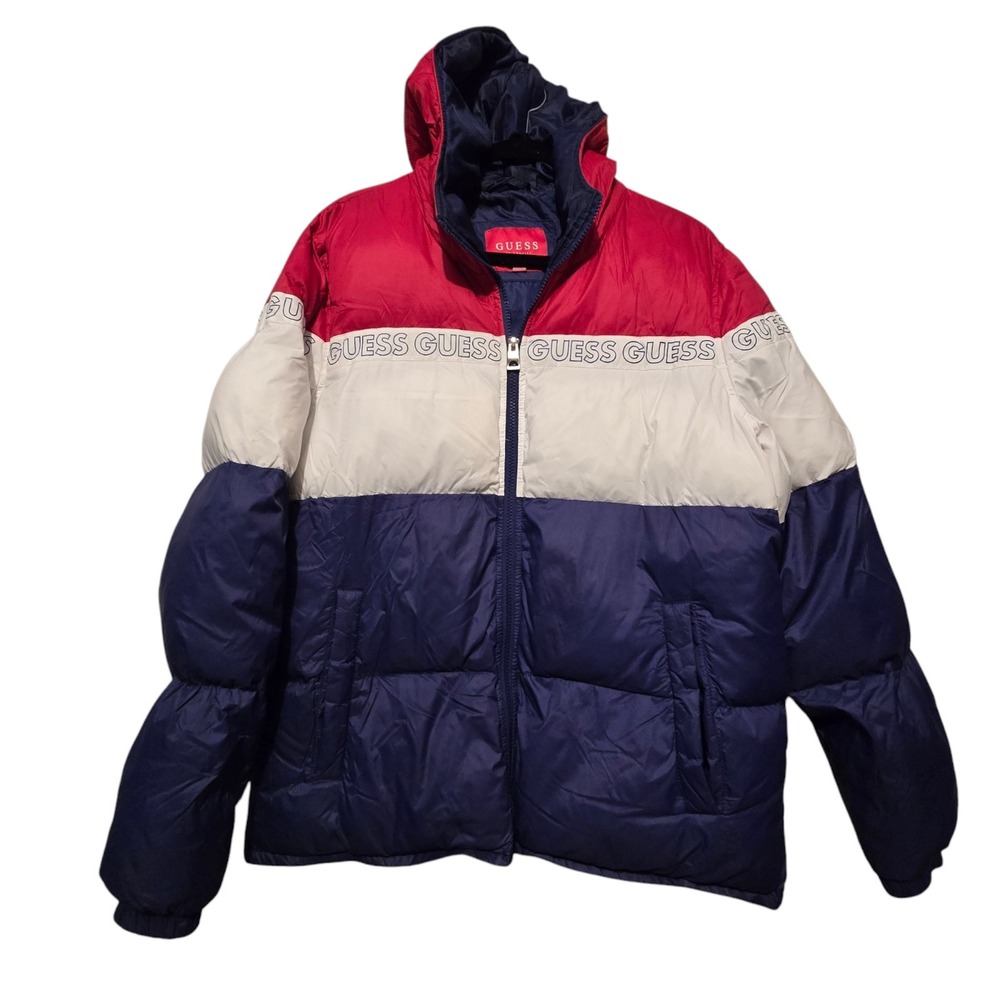 Guess Mens Colorblock Puffer Coat LG Logo Hood Red White Blue EUC 90's Retro Y2K